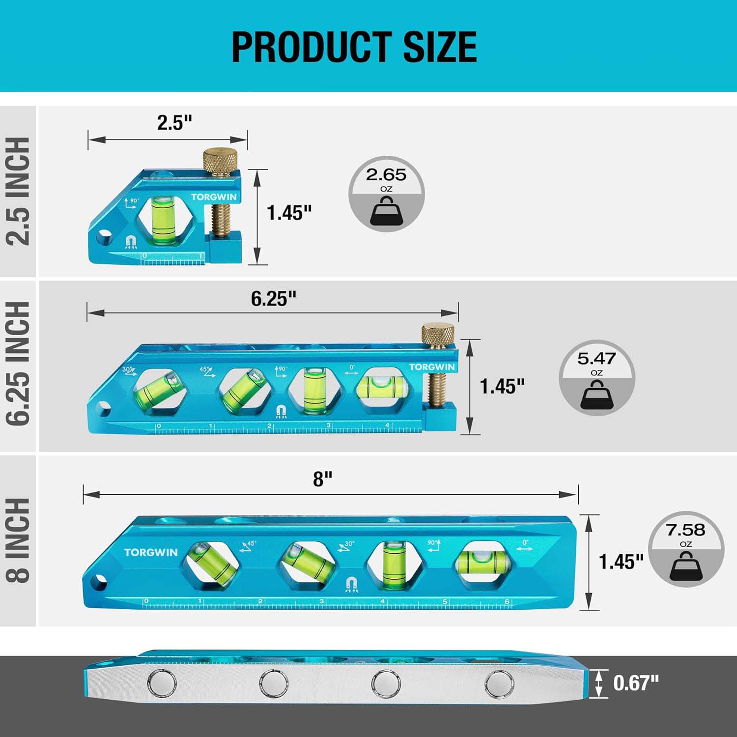 3-delige waterpasgereedschapset, inclusief magnetische torpedowaterpas 2,5